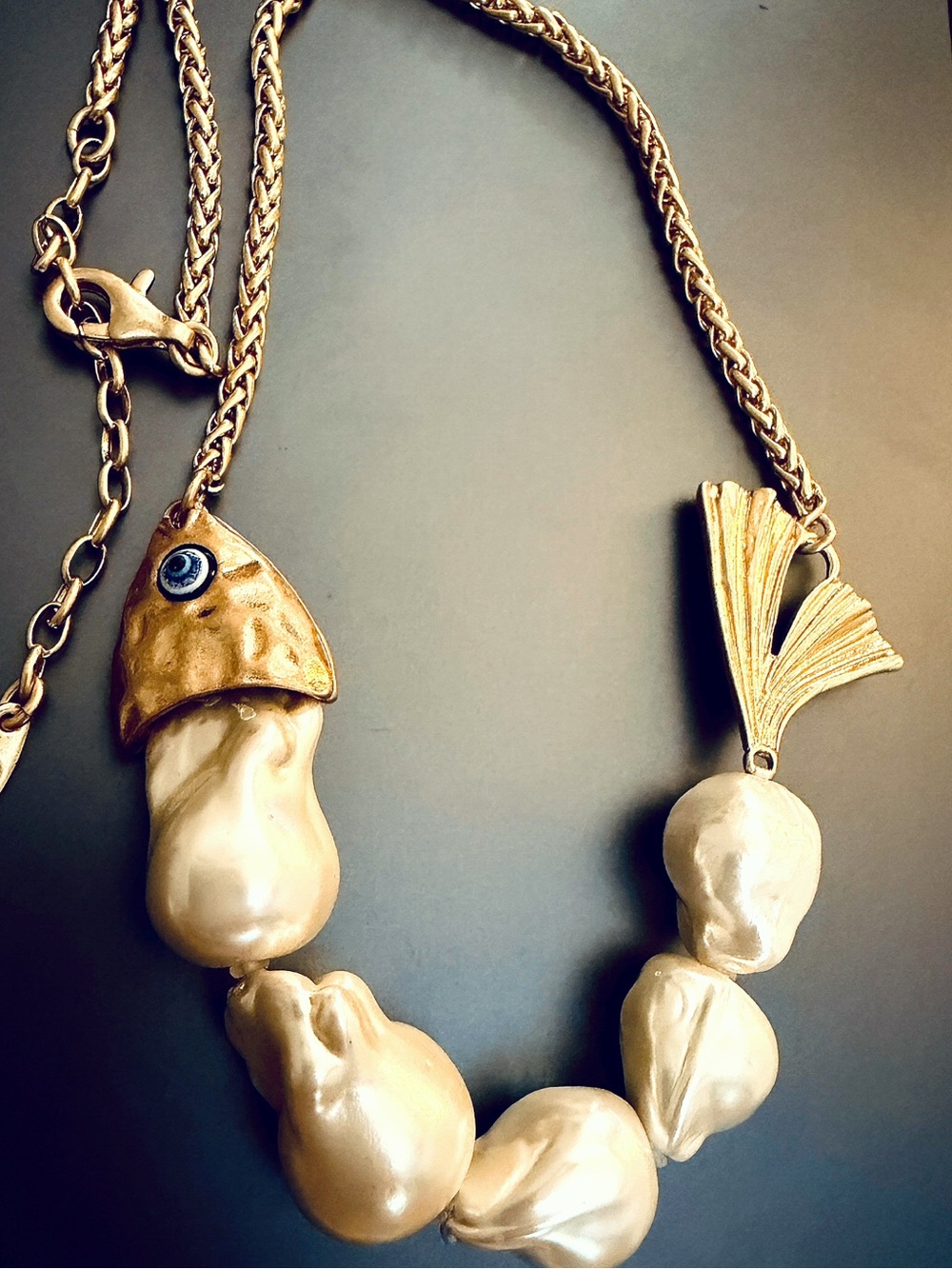 Unique Stunning Gold FISH Baroque Pearl Statement Necklace - Women Jewelry- NeW!
